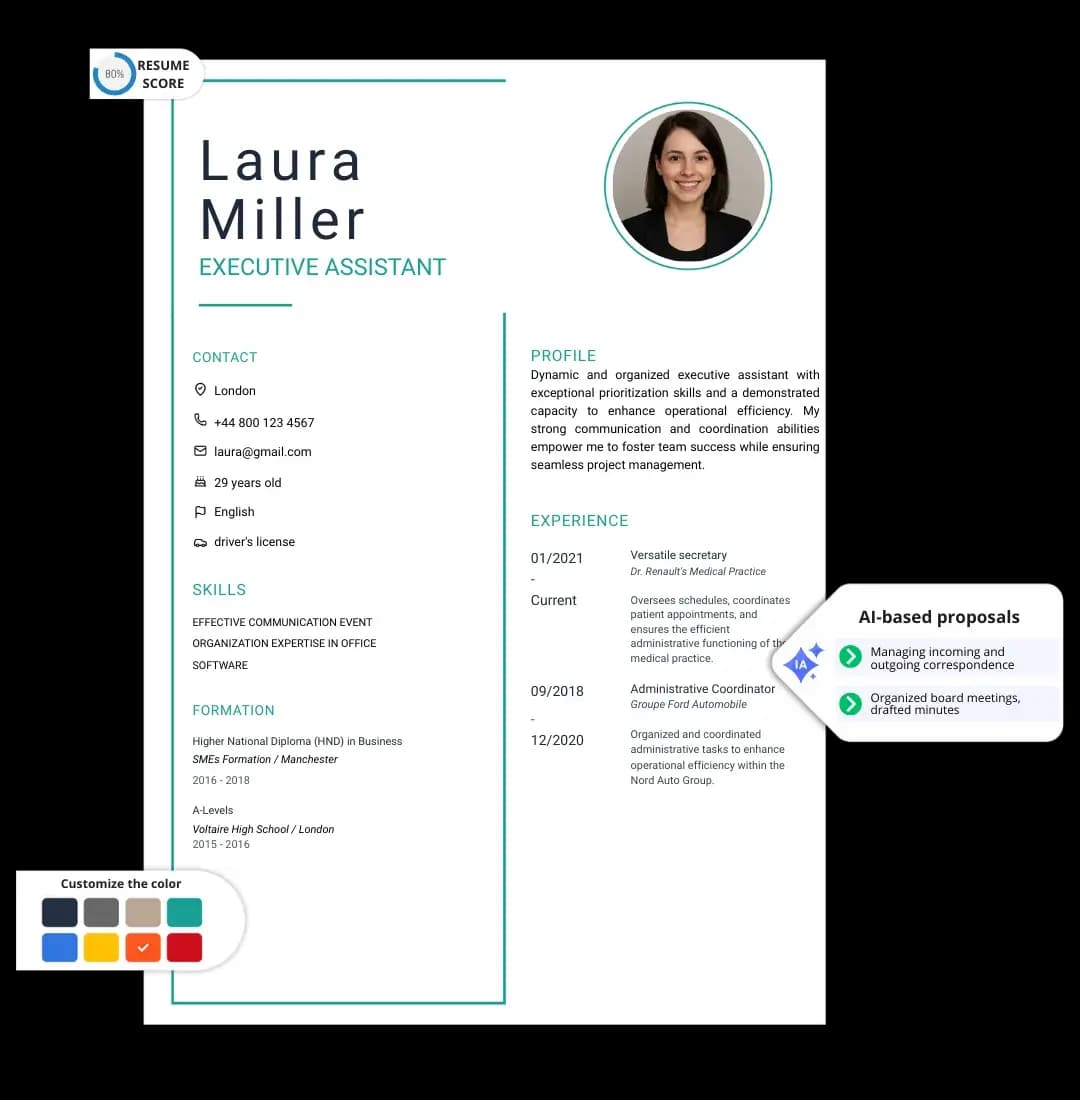 Editor di CV con IA con generazione di contenuti, punteggio e personalizzazione dei colori