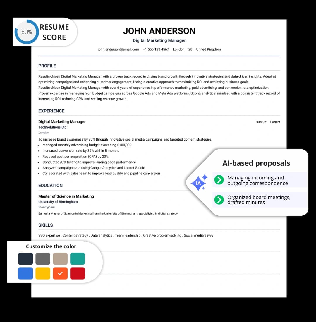 Plantilla de CV optimizada ATS - John Anderson con puntuación, propuestas basadas en IA y personalización de colores