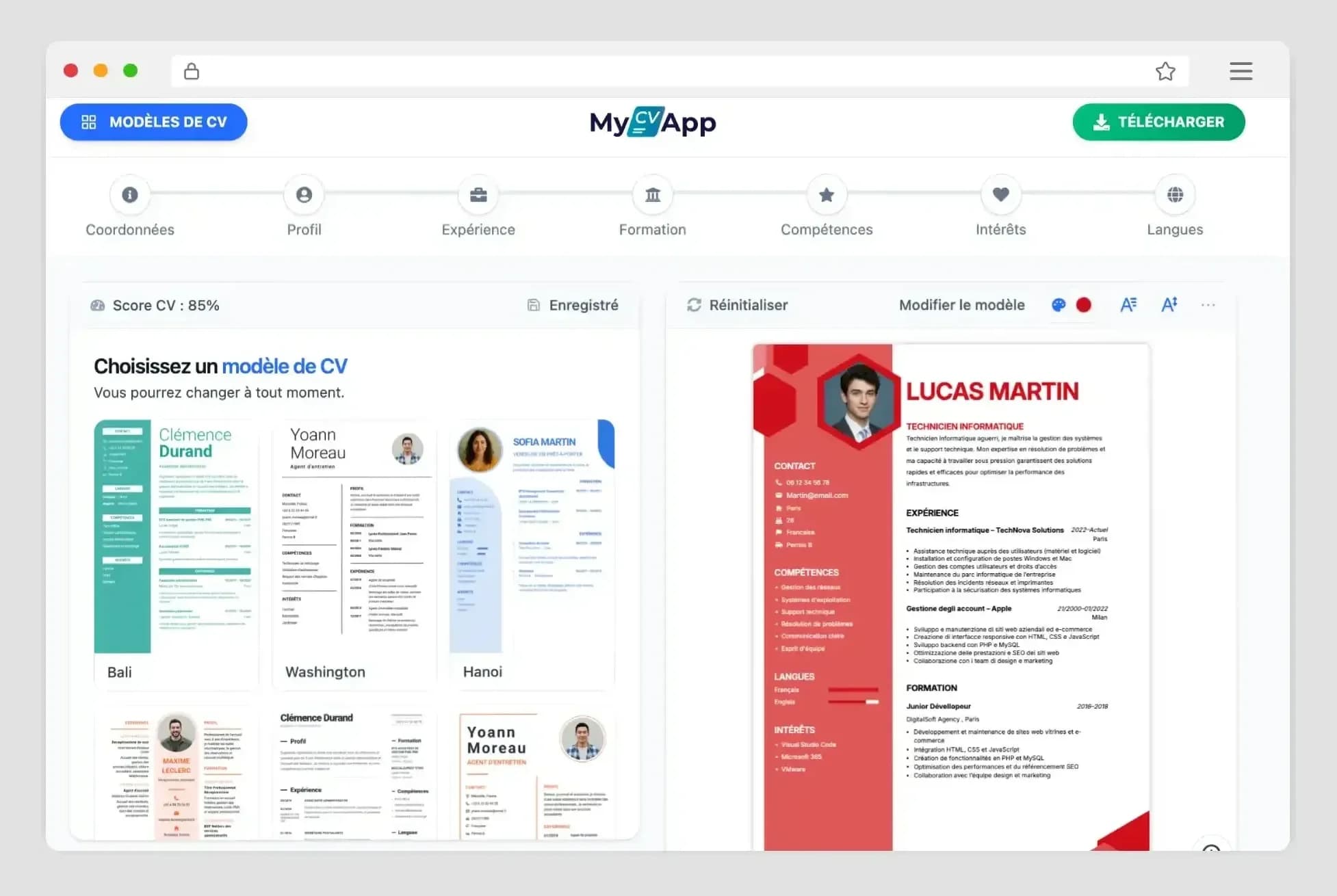 Interface de l'éditeur intuitif MyCVApp avec aperçu en direct