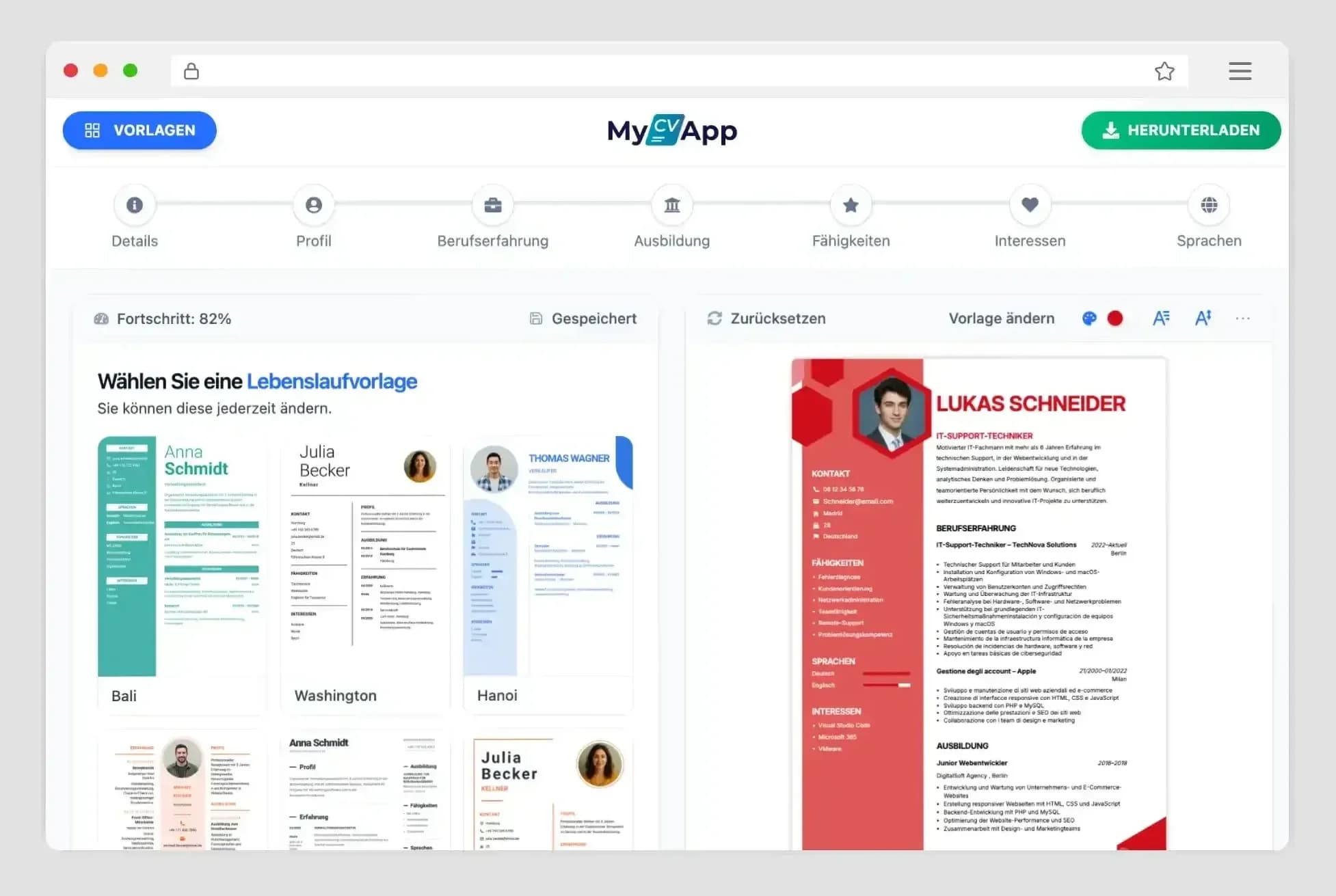 Oberfläche des intuitiven MyCVApp-Editors mit Live-Vorschau