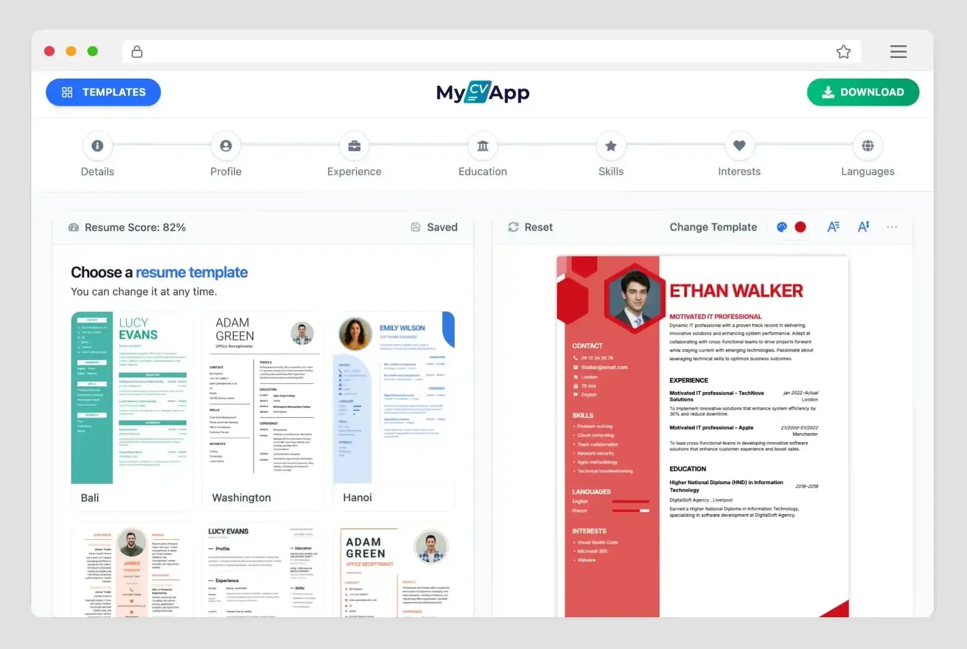 MyCVApp intuitive editor interface with live preview