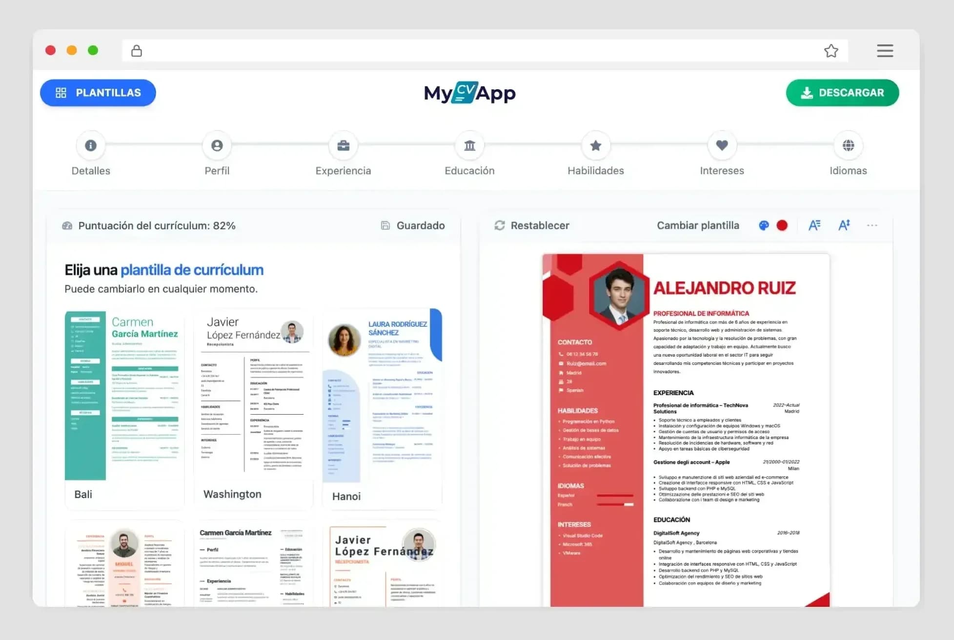 Interfaz del editor intuitivo de MyCVApp con vista previa en vivo