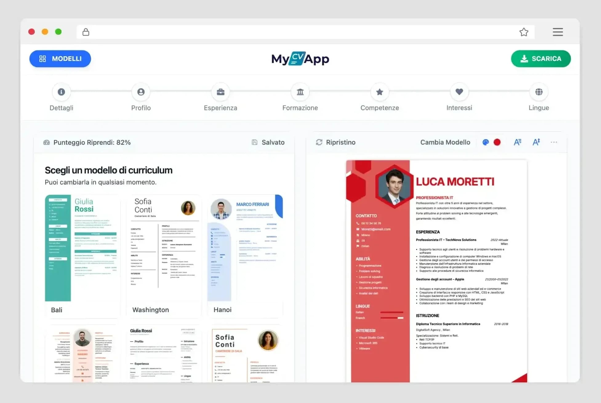 Interfaccia dell'editor intuitivo di MyCVApp con anteprima dal vivo