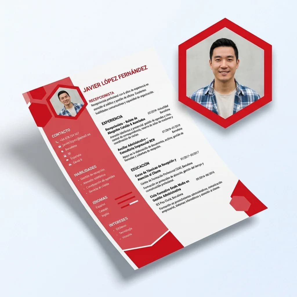 Interfaz del editor MyCVApp con vista previa de CV con foto