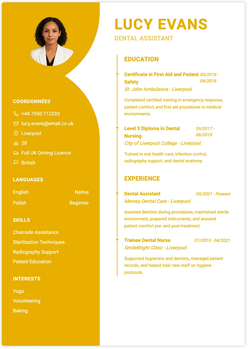 Professionelle Lebenslauf-Vorlage - Lucy Evans Zahnarzthelferin, gelbes Design