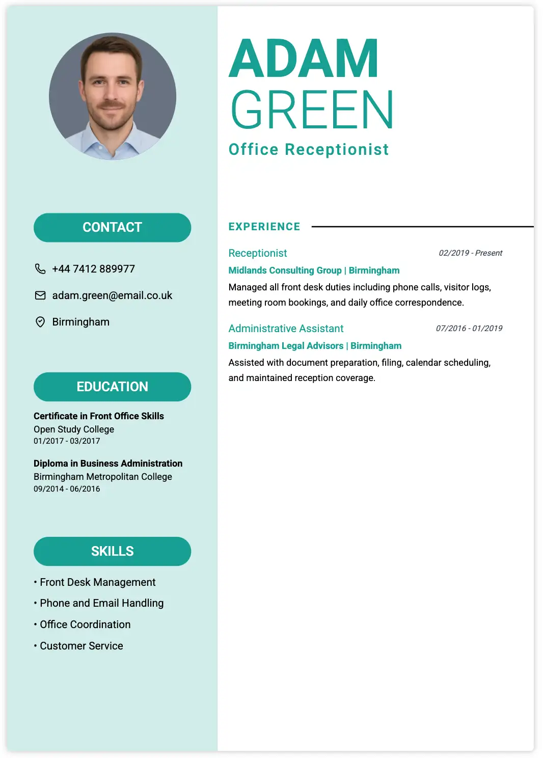 Professionelle Lebenslauf-Vorlage - Adam Green Empfangsmitarbeiter, Teal-Design