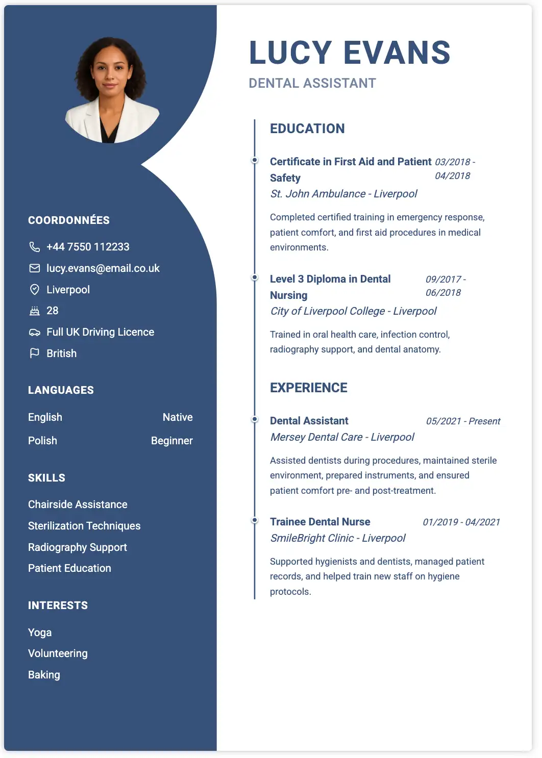 Professionelle Lebenslauf-Vorlage - Lucy Evans Zahnarzthelferin, blaues Design